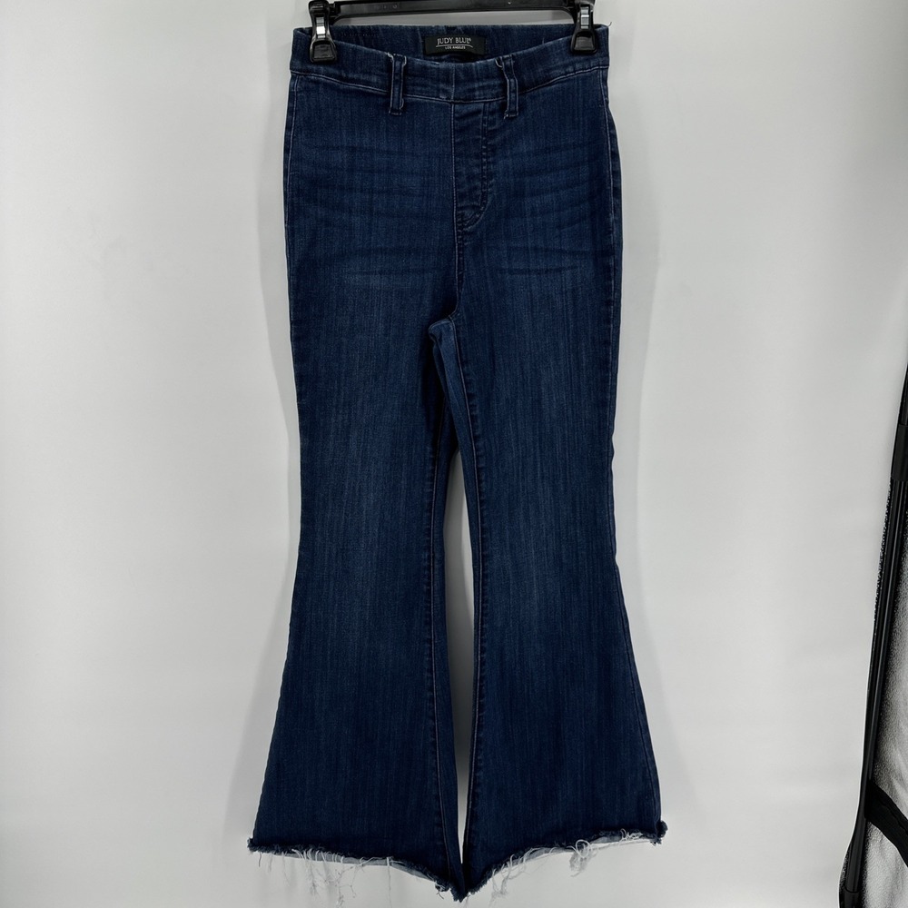 Judy Blue Pull On Super Flare fringe Jeans Size 1/25 Dark Wash Stretch